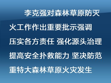 [视频]李克强对森林草原防灭火工作作出重要批示强调 压实各方责任 强化源头治理 提高安全扑救能力 坚决防范重特大森林草原火灾发生